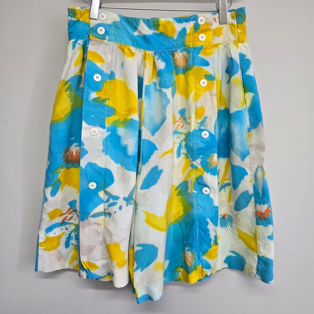 Vtg Dorlene Floral Shorts Women 16 (Medium) Blue Yellow Watercolor High Waist